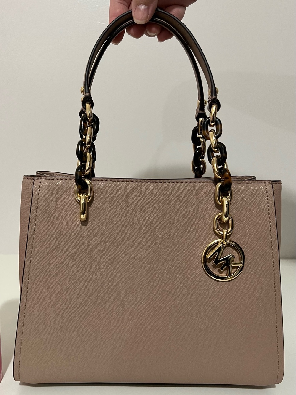 Michael Kors Taupe Saffiano Satchel with Gold-Tone Chain Detail